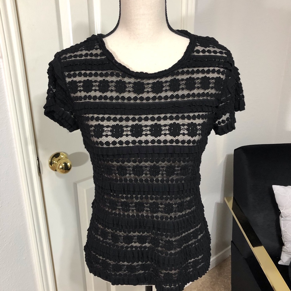 I.N.C Black Embroidered Lace Sheer Top Large